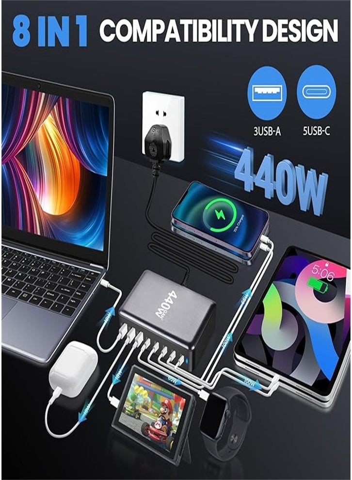 General 440W 8-Port Multi Type C Charging Station Hub GaN PD Fast Charger Power Adapter 5-USB C+3-USB for MacBook Smartphone Tablet with 1.5 Cable, Black  - Image 2