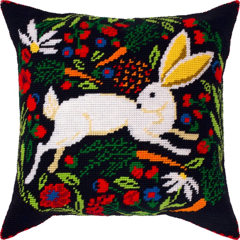 Brvsk Tapestry Embroidery Kit for Adults and Beginners â€” Hare on Black 16â€³â€‰Ã—â€‰16â€³ with Clear, Precise Printed Design on Cotton Canvas; Includes 2 Needles, Yarn, and Easy-Read Chart - Image 1