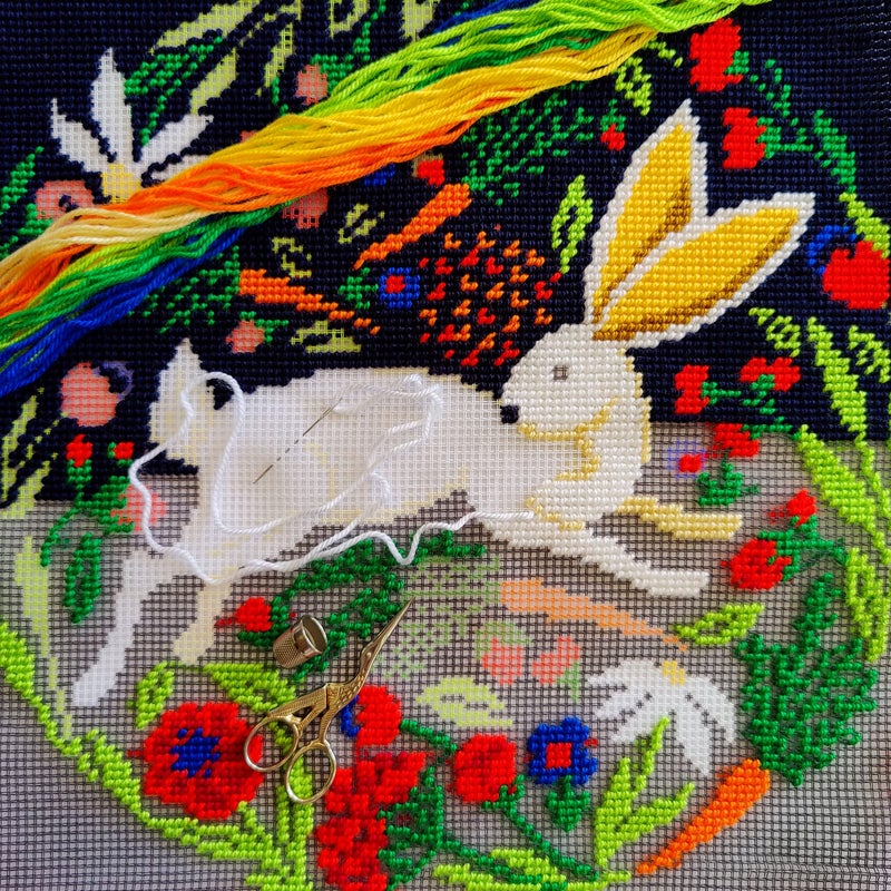 Brvsk Tapestry Embroidery Kit for Adults and Beginners â€” Hare on Black 16â€³â€‰Ã—â€‰16â€³ with Clear, Precise Printed Design on Cotton Canvas; Includes 2 Needles, Yarn, and Easy-Read Chart - Image 2