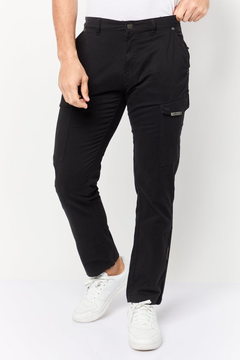 833 POLICE Men Slim Fit Plain Cargo Pants, Black - Image 1
