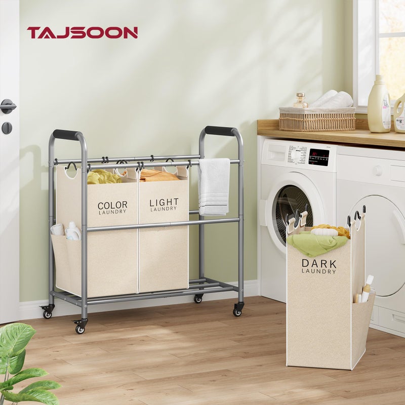 Tajsoon 3 Bag Laundry Sorter Cart, Laundry Hamper Sorter Basket with Heavy Duty Lockable Rolling Wheels for Clothes Storage, Beige - Image 2