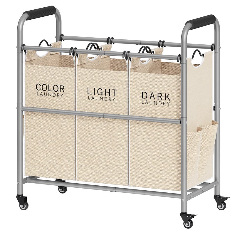 Tajsoon 3 Bag Laundry Sorter Cart, Laundry Hamper Sorter Basket with Heavy Duty Lockable Rolling Wheels for Clothes Storage, Beige - Image 1