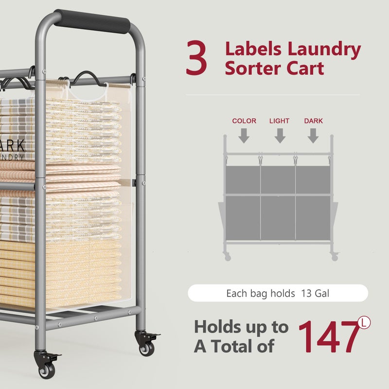 Tajsoon 3 Bag Laundry Sorter Cart, Laundry Hamper Sorter Basket with Heavy Duty Lockable Rolling Wheels for Clothes Storage, Beige - Image 3
