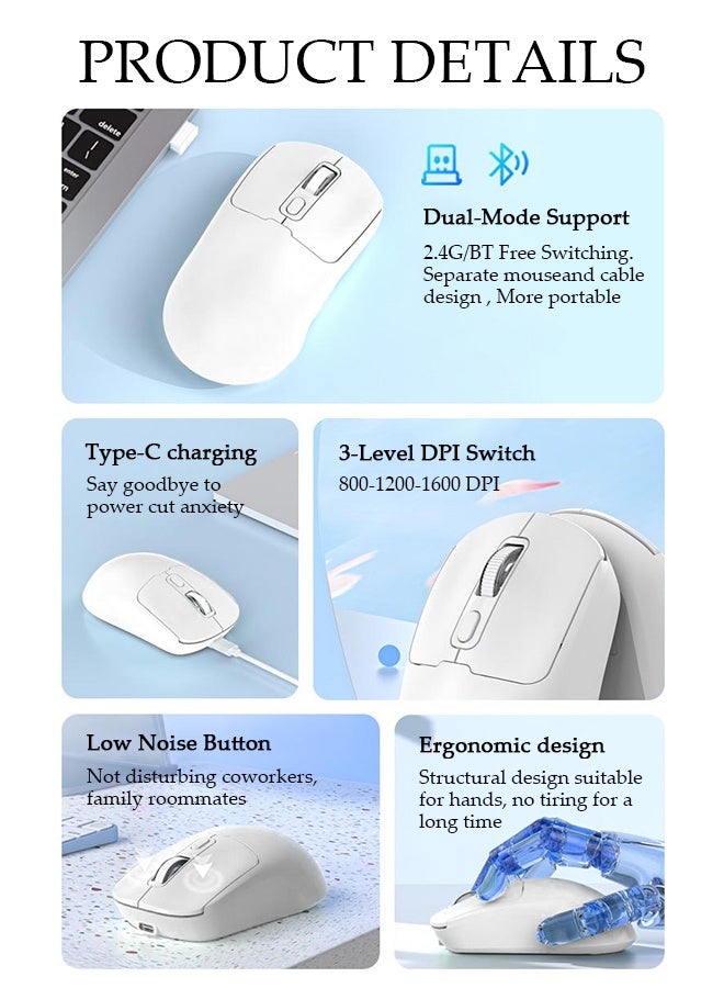 DUNISO Wireless Bluetooth Mouse, Slim Dual Mode (Bluetooth+ USB) 2.4GHz Rechargeable Silent Bluetooth Wireless Mouse, Ambidextrous Design,Up to 1600 DPI (White) - Image 3