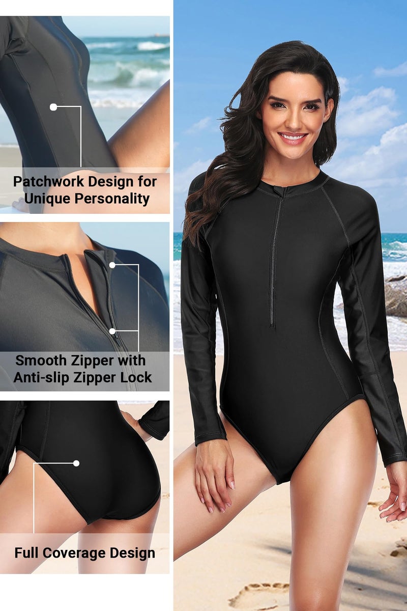 Daci Women Black-3 Rash Guard Long Sleeve One Piece Swimsuit Zipper Surfing Bathing Suit UPF 50 XS - Image 3