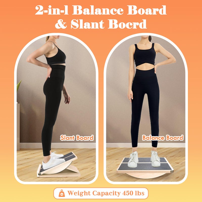 MUCITAGF Professional 2-in-1 Wooden Slant Board & Balance Board Adjustable Incline Board and Calf Stretcher, Physical Therapy Equipment, Standing Desk, Rocker Board, Core Training, Anti Slip Roller - Image 2