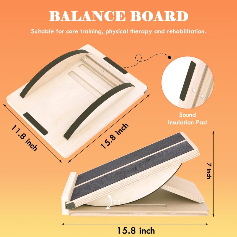 MUCITAGF Professional 2-in-1 Wooden Slant Board & Balance Board Adjustable Incline Board and Calf Stretcher, Physical Therapy Equipment, Standing Desk, Rocker Board, Core Training, Anti Slip Roller - Image 3