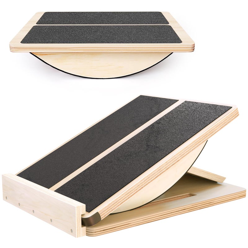 MUCITAGF Professional 2-in-1 Wooden Slant Board & Balance Board Adjustable Incline Board and Calf Stretcher, Physical Therapy Equipment, Standing Desk, Rocker Board, Core Training, Anti Slip Roller - Image 1