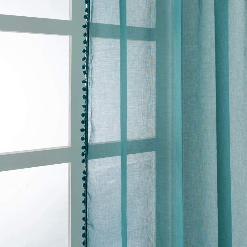 MISS SELECTEX Linen Look Pom Pom Tasseled Sheer Curtains - Rod Pocket Voile Semi-Sheer Curtains for Living and Bedroom, Set of 2 Curtain Panels (52 x 63 inch, Teal) - Image 3