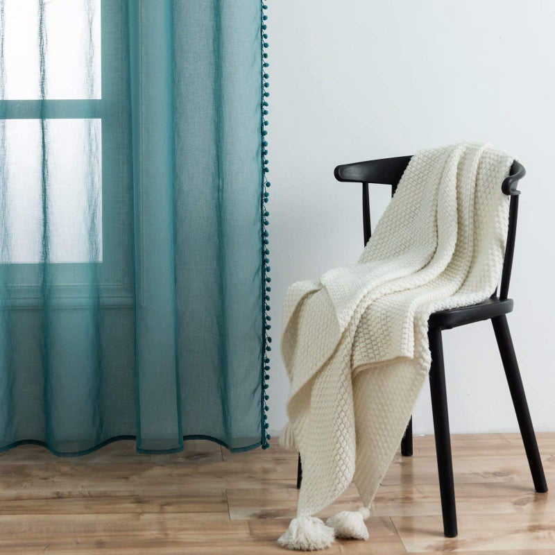 MISS SELECTEX Linen Look Pom Pom Tasseled Sheer Curtains - Rod Pocket Voile Semi-Sheer Curtains for Living and Bedroom, Set of 2 Curtain Panels (52 x 63 inch, Teal) - Image 2