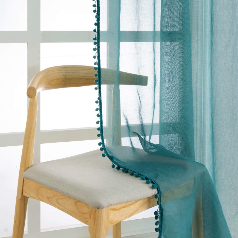 MISS SELECTEX Linen Look Pom Pom Tasseled Sheer Curtains - Rod Pocket Voile Semi-Sheer Curtains for Living and Bedroom, Set of 2 Curtain Panels (52 x 63 inch, Teal) - Image 5