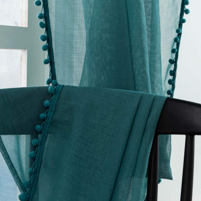 MISS SELECTEX Linen Look Pom Pom Tasseled Sheer Curtains - Rod Pocket Voile Semi-Sheer Curtains for Living and Bedroom, Set of 2 Curtain Panels (52 x 63 inch, Teal) - Image 4