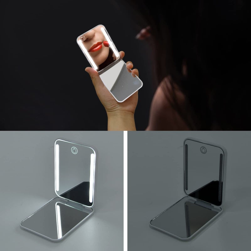 Kintion Kintion Rechargeable Pocket Mirror  Double Sided 1X/3X Magnification Compact Vanity Mirror  3 Color Lights  Dimmable  Small Portable Wallet Mirror  Lighted Travel Mirror for Women Gifts  White  - Image 3