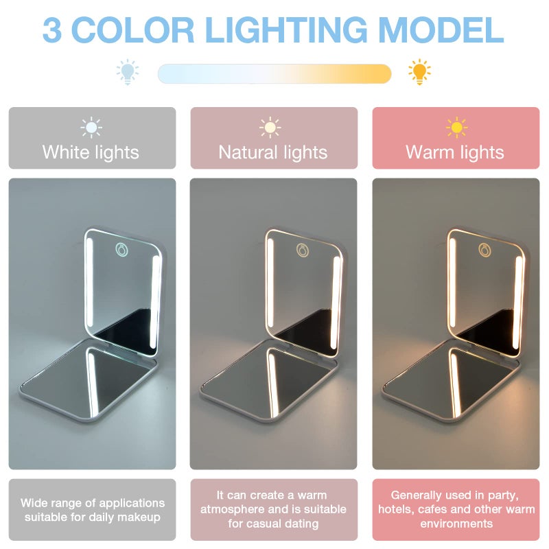 Kintion Kintion Rechargeable Pocket Mirror  Double Sided 1X/3X Magnification Compact Vanity Mirror  3 Color Lights  Dimmable  Small Portable Wallet Mirror  Lighted Travel Mirror for Women Gifts  White  - Image 5