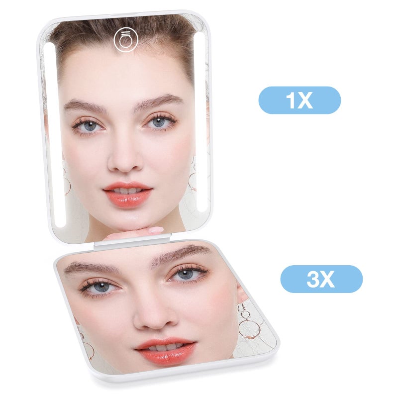 Kintion Kintion Rechargeable Pocket Mirror  Double Sided 1X/3X Magnification Compact Vanity Mirror  3 Color Lights  Dimmable  Small Portable Wallet Mirror  Lighted Travel Mirror for Women Gifts  White  - Image 4