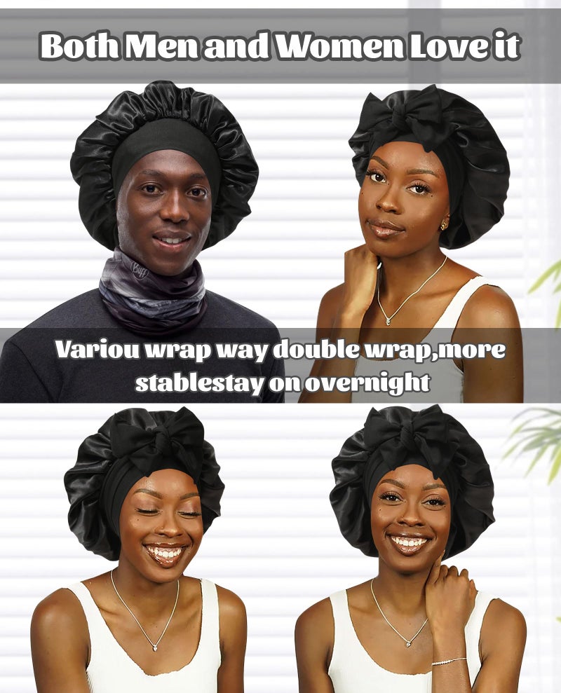 CHLINS غطاء رأس ساتان غطاء حرير للنوم قبعة نوم حرير طبقة مزدوجة غطاء شعر مع شريط مطاطي للشعر المجعد قبعة ليلية (أسود + أحمر) - Image 4