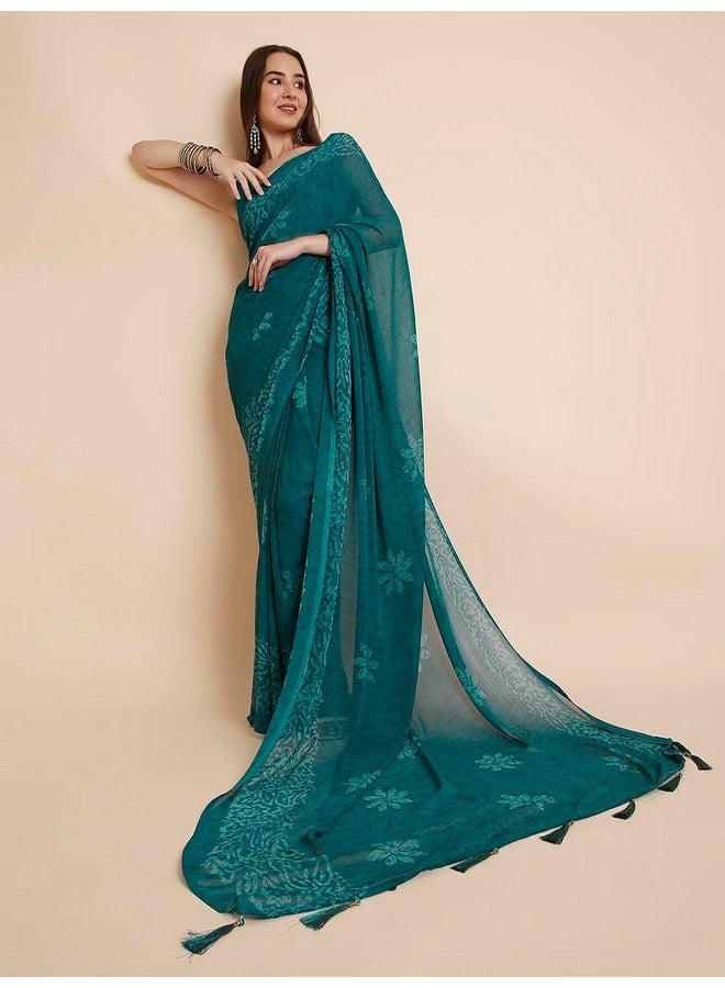 RATAN Women's Georgette Batik Printed Saree with Unstitched Blouse Piece (CHMP-BP-21869_Turquoise) - Image 3