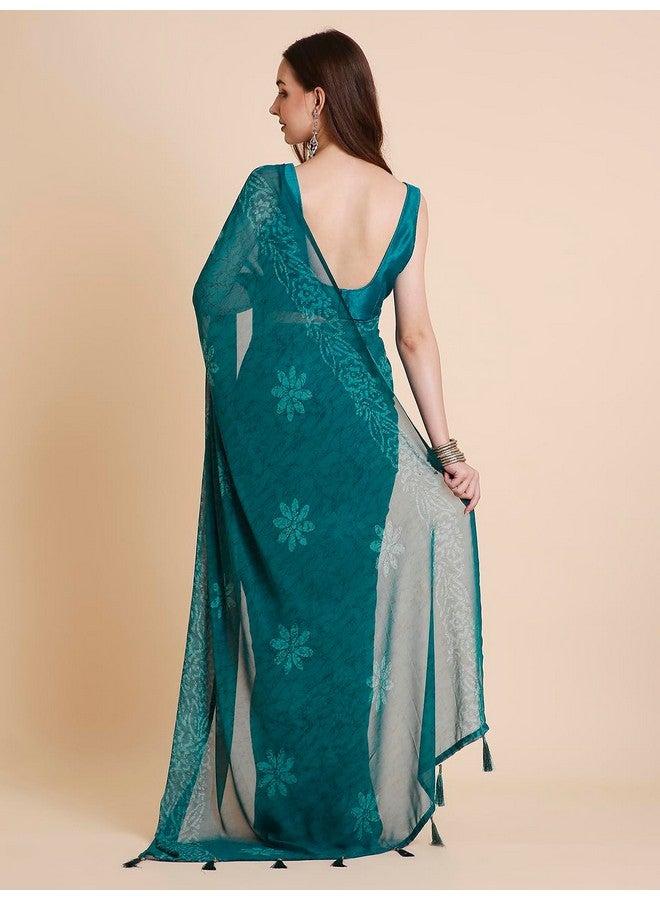 RATAN Women's Georgette Batik Printed Saree with Unstitched Blouse Piece (CHMP-BP-21869_Turquoise) - Image 2
