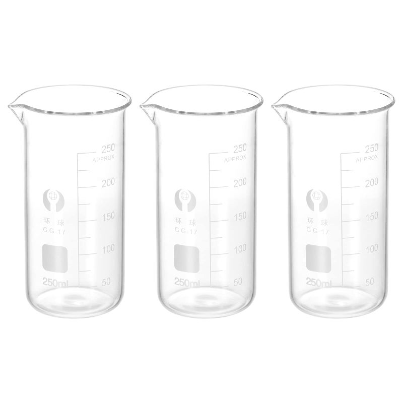 PATIKIL 3Pcs 250ml Tall Form Glass Beaker 33 Borosilicate Glass Graduated Printed Scale Measuring Cups with Spout for Kitchen Lab Liquids