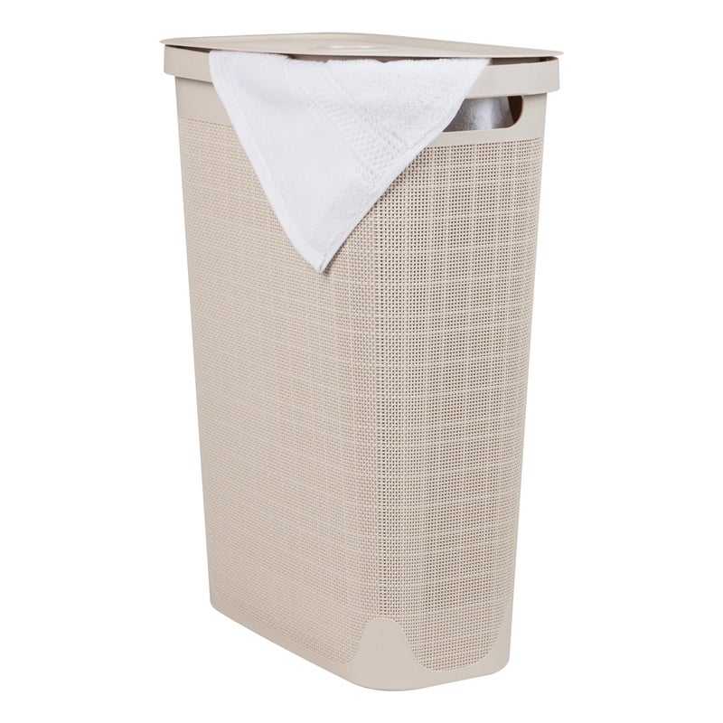 Mind Reader Slim Laundry Hamper with Lid, 40L Clothes Basket, Linen Design, Plastic, Ivory - Image 1