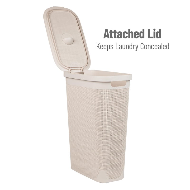 Mind Reader Slim Laundry Hamper with Lid, 40L Clothes Basket, Linen Design, Plastic, Ivory - Image 5