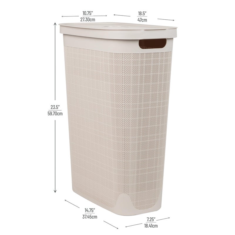 Mind Reader Slim Laundry Hamper with Lid, 40L Clothes Basket, Linen Design, Plastic, Ivory - Image 3