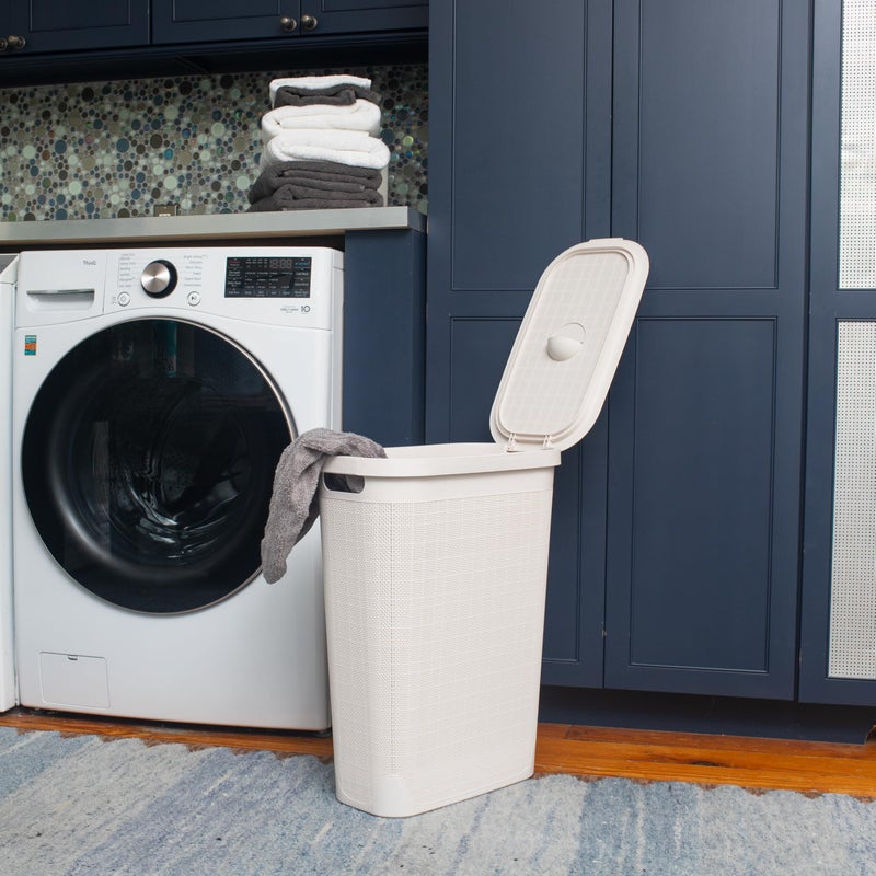 Mind Reader Slim Laundry Hamper with Lid, 40L Clothes Basket, Linen Design, Plastic, Ivory - Image 2
