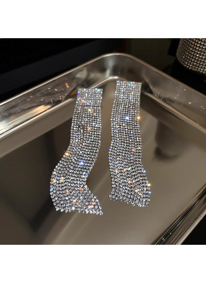 نيبمينينت Silver Needle Blue Triangle Diamond Tassel Earrings European And American Exaggerated Heavy Industry Ear Studs Fashion Light Luxury Elegant 