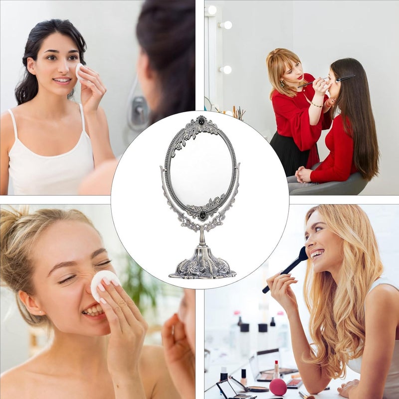 Retro Antique Metal Swivel Tabletop Makeup Mirror, Large Double-Sided Cosmetic Vanity Mirror with Stand for Dressing Table and Bathroom Use - Image 4