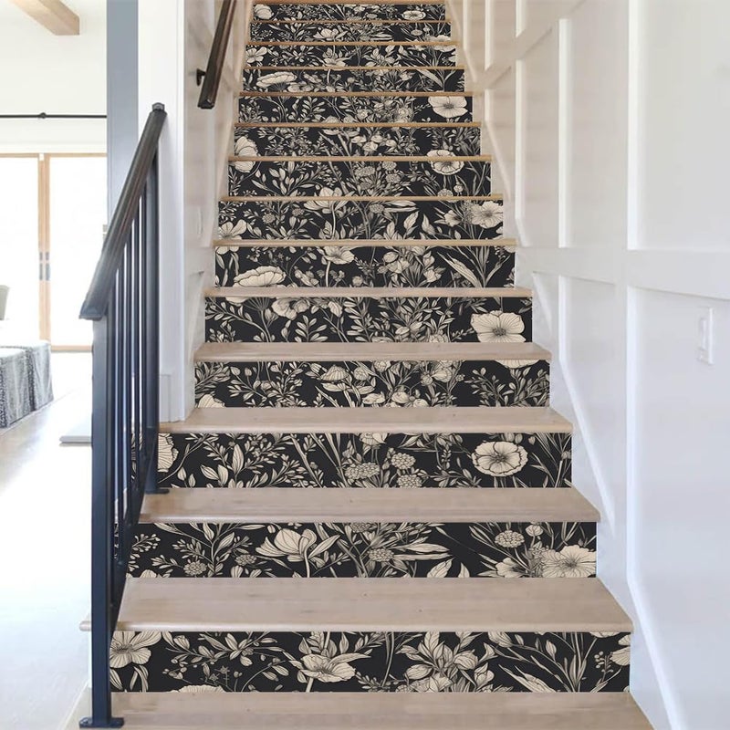 REDAMANCY Black Beige Wildflowers Boho Vintage Peel and Stick Vinyl Stair Riser Decals Staircase Tile Stickers Decor Modern Marble Decoration Self-Adhesive(14 Pcs) - Image 5