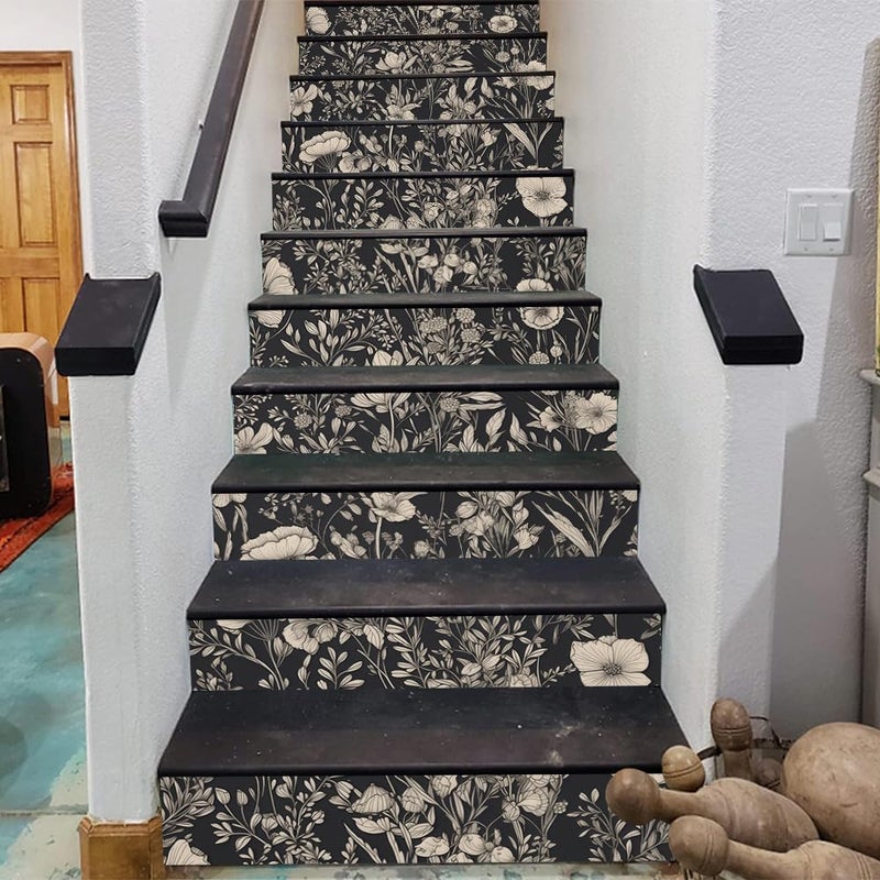 REDAMANCY Black Beige Wildflowers Boho Vintage Peel and Stick Vinyl Stair Riser Decals Staircase Tile Stickers Decor Modern Marble Decoration Self-Adhesive(14 Pcs) - Image 3