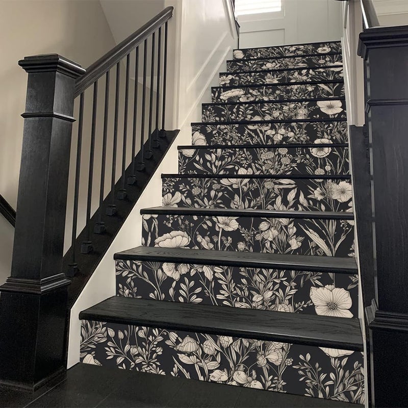 REDAMANCY Black Beige Wildflowers Boho Vintage Peel and Stick Vinyl Stair Riser Decals Staircase Tile Stickers Decor Modern Marble Decoration Self-Adhesive(14 Pcs) - Image 2