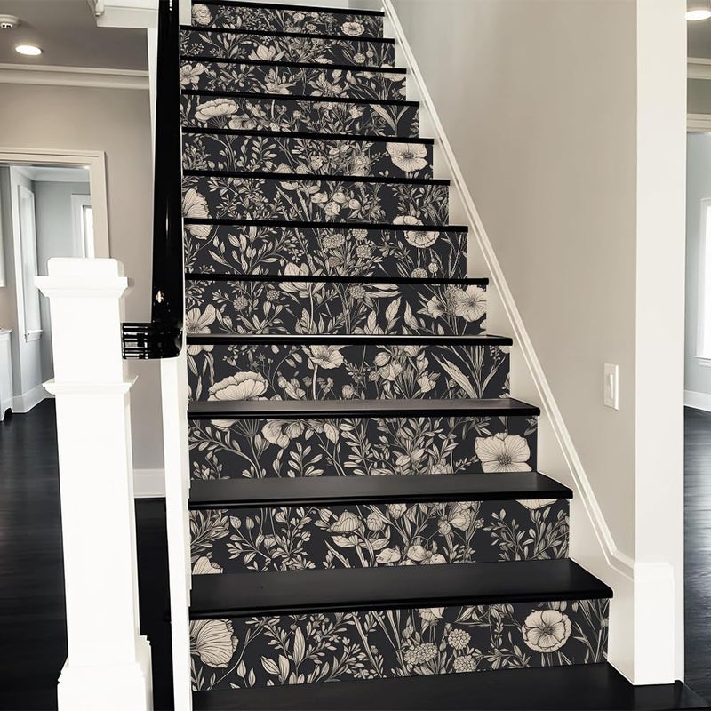 REDAMANCY Black Beige Wildflowers Boho Vintage Peel and Stick Vinyl Stair Riser Decals Staircase Tile Stickers Decor Modern Marble Decoration Self-Adhesive(14 Pcs) - Image 1