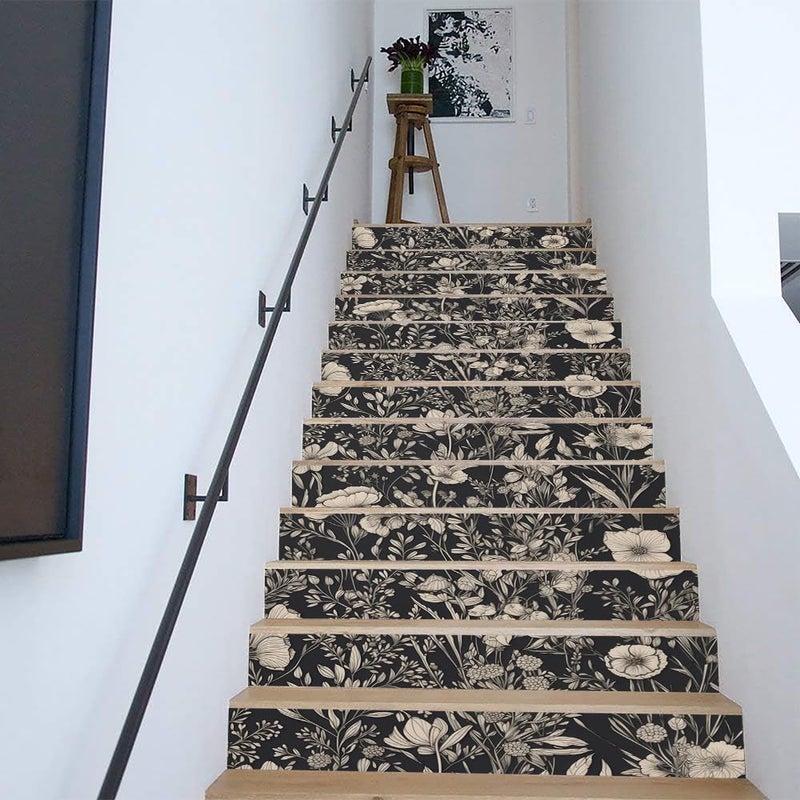 REDAMANCY Black Beige Wildflowers Boho Vintage Peel and Stick Vinyl Stair Riser Decals Staircase Tile Stickers Decor Modern Marble Decoration Self-Adhesive(14 Pcs) - Image 4