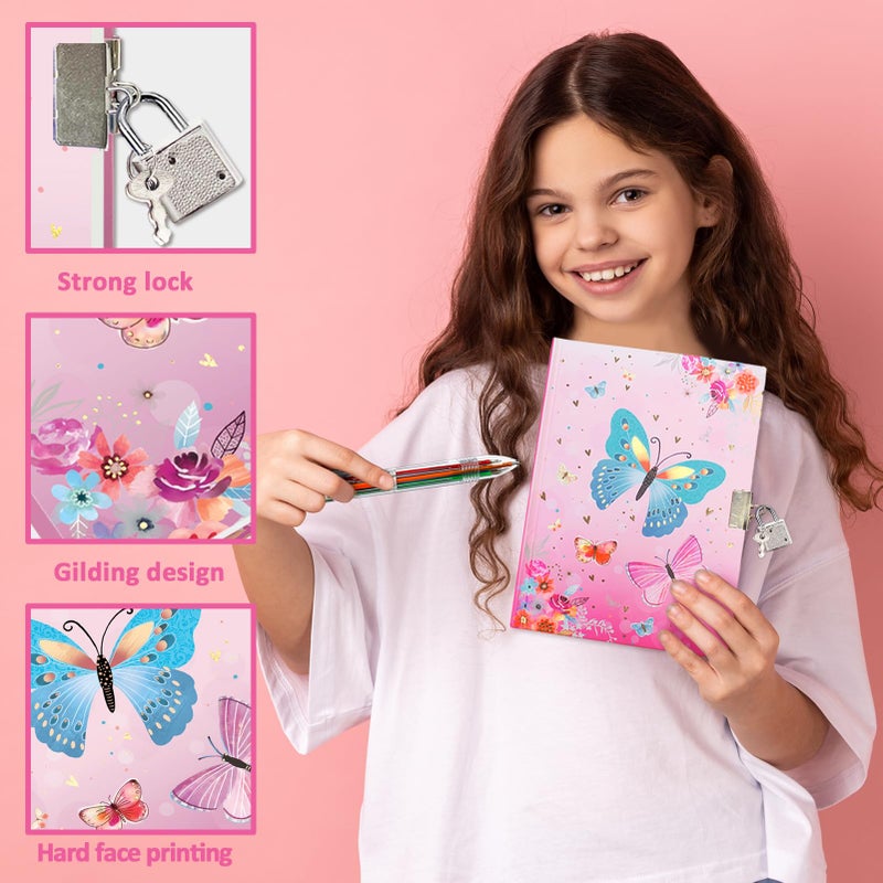 GINMLYDA Girls Diary with Lock, Butterfly Secret Diary Set Incl. Kids Lockable Journal Memo 6-Multicolor Pen Ruler Eraser Sharpener Writing Notebook Gift for Girls 6-10 - Image 5