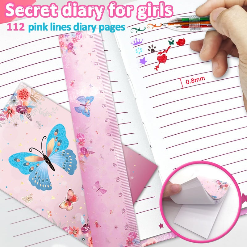 GINMLYDA Girls Diary with Lock, Butterfly Secret Diary Set Incl. Kids Lockable Journal Memo 6-Multicolor Pen Ruler Eraser Sharpener Writing Notebook Gift for Girls 6-10 - Image 3