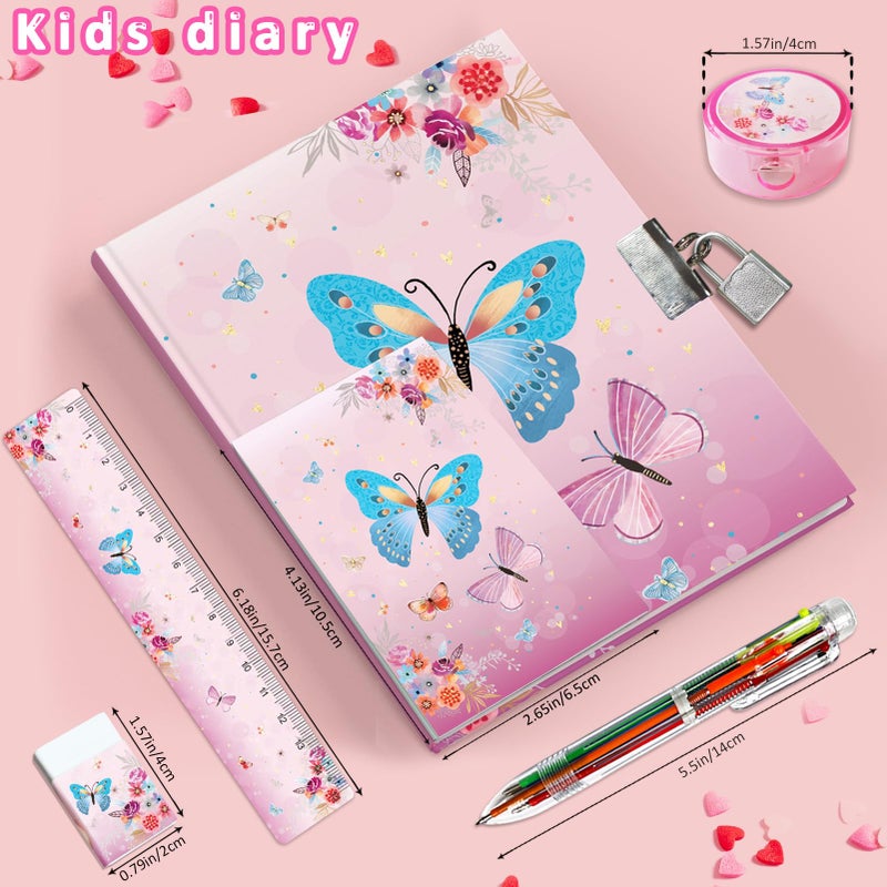 GINMLYDA Girls Diary with Lock, Butterfly Secret Diary Set Incl. Kids Lockable Journal Memo 6-Multicolor Pen Ruler Eraser Sharpener Writing Notebook Gift for Girls 6-10 - Image 4