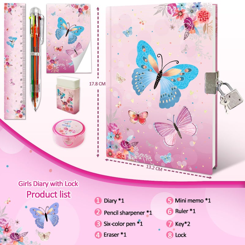GINMLYDA Girls Diary with Lock, Butterfly Secret Diary Set Incl. Kids Lockable Journal Memo 6-Multicolor Pen Ruler Eraser Sharpener Writing Notebook Gift for Girls 6-10 - Image 2