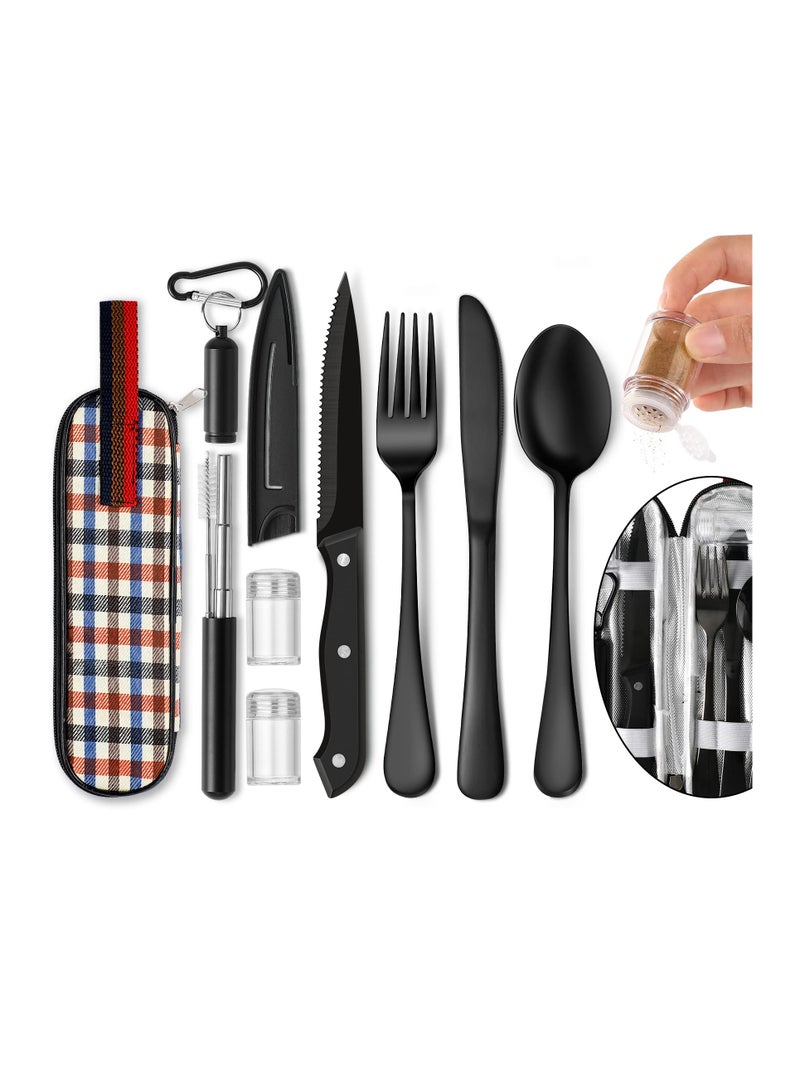 Portable Travel Utensils Set, Travel Camping Cutlery Set Reusable Stainless Steel Flatware Camping Cutlery Set with Case Outdoor Travel Utensils Kit Camping Flatware Kit for Office School Picnic  - Image 1