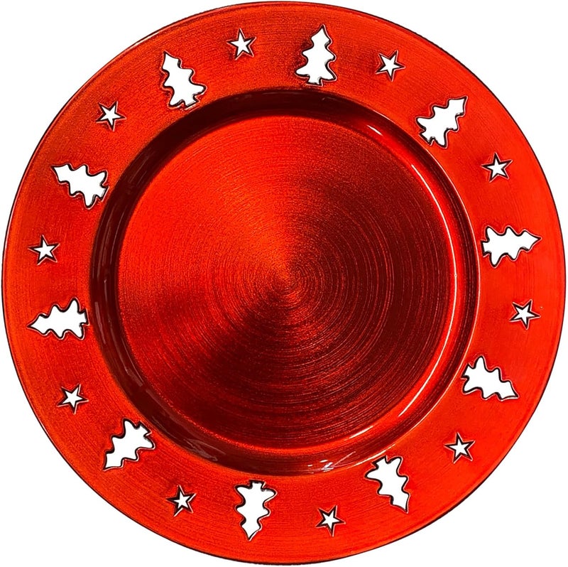 Kazozobi Red Christmas Tree Charger Plates  13 Reusable Openwork Holidays Party Decorations Round Chargers for Dinner Plate  Elegant Table Setting Centerpieces 6 Pack - Image 1