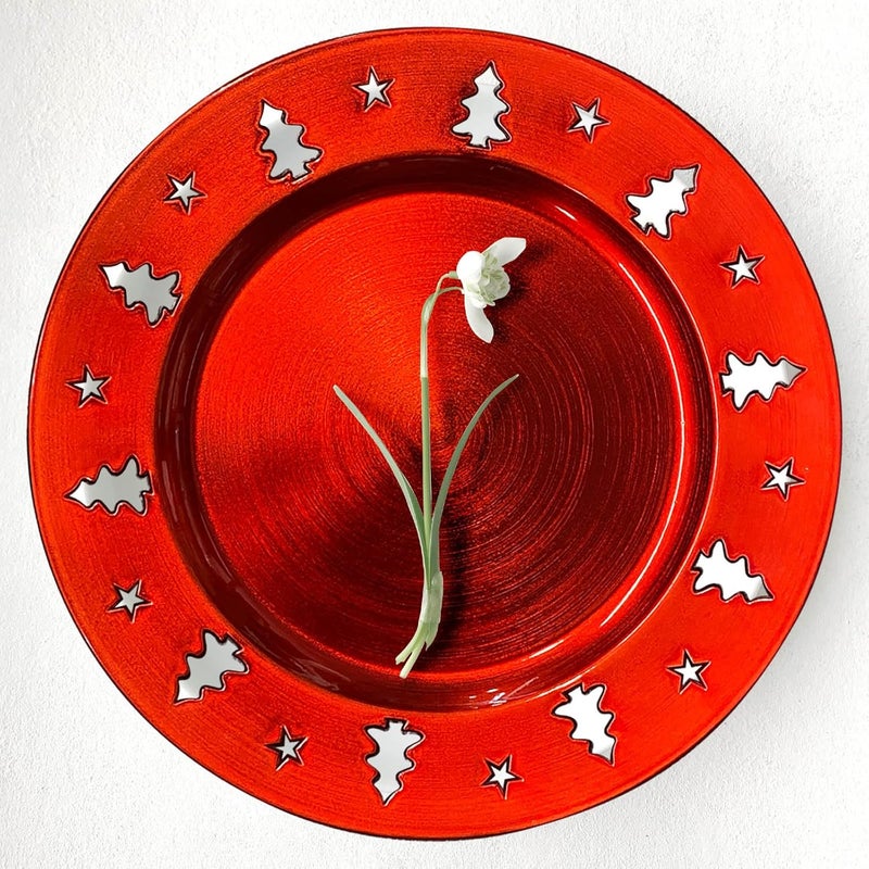 Kazozobi Red Christmas Tree Charger Plates  13 Reusable Openwork Holidays Party Decorations Round Chargers for Dinner Plate  Elegant Table Setting Centerpieces 6 Pack - Image 2