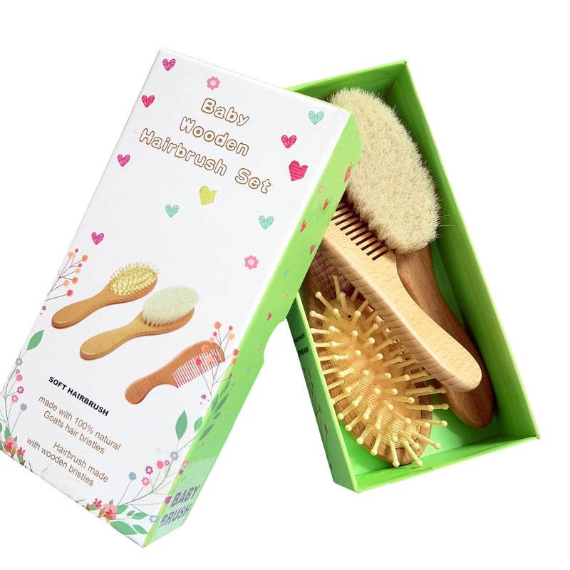Molylove 3 Piece Baby Hair Brush and Comb Set for Newborn & Toddlers- Natural Wooden Hairbrush with Soft Goat Bristles for Cradle Cap - Perfect Scalp Grooming Product for Infant, Toddler, Kids, Baby - Image 3