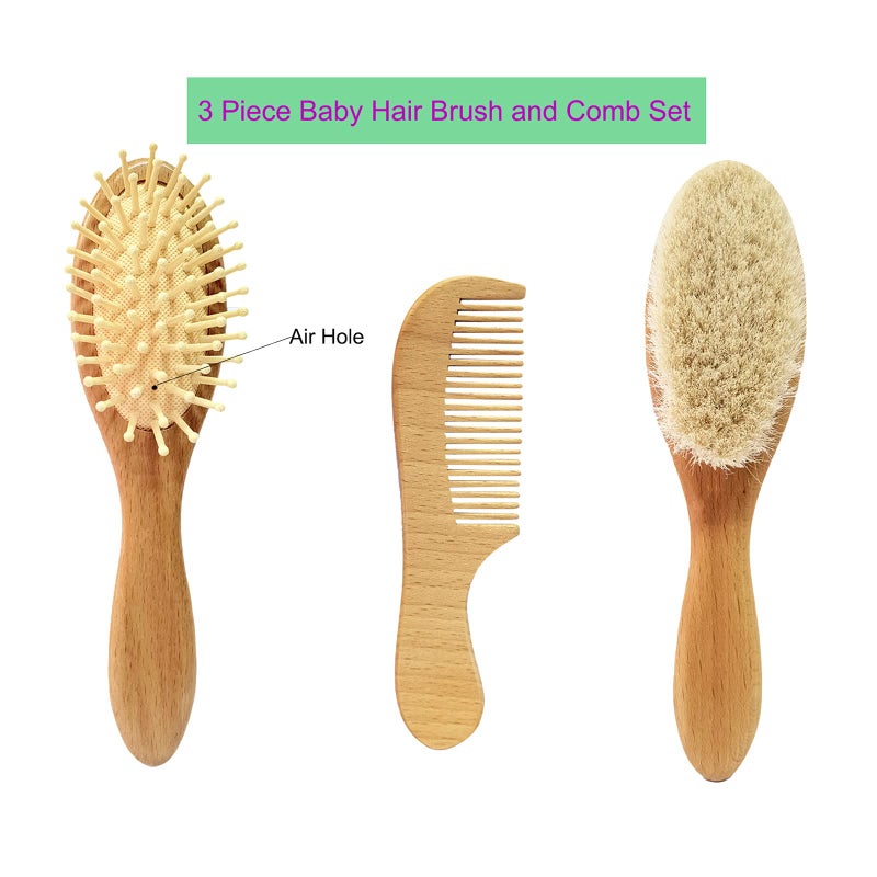 Molylove 3 Piece Baby Hair Brush and Comb Set for Newborn & Toddlers- Natural Wooden Hairbrush with Soft Goat Bristles for Cradle Cap - Perfect Scalp Grooming Product for Infant, Toddler, Kids, Baby - Image 2