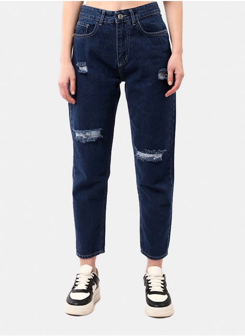 Navy Blue Mom-Fit Jeans with Front Ripped