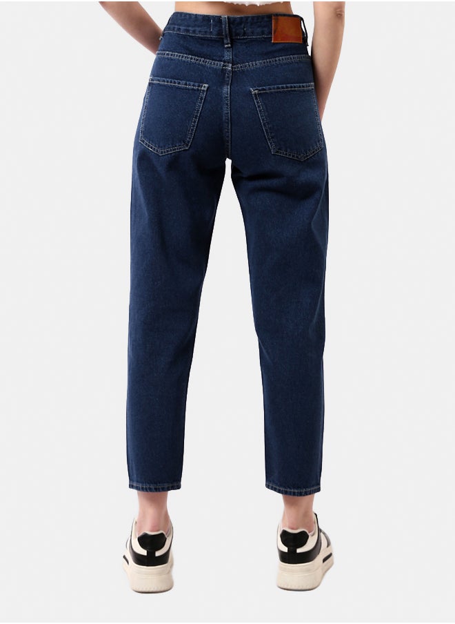 Navy Blue Mom-Fit Jeans with Front Ripped