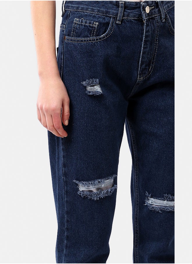Navy Blue Mom-Fit Jeans with Front Ripped