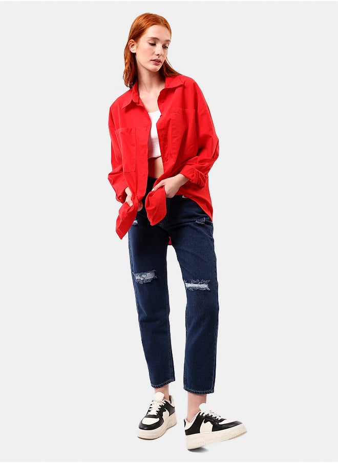 Navy Blue Mom-Fit Jeans with Front Ripped