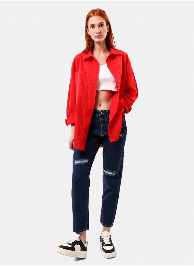 Navy Blue Mom-Fit Jeans with Front Ripped