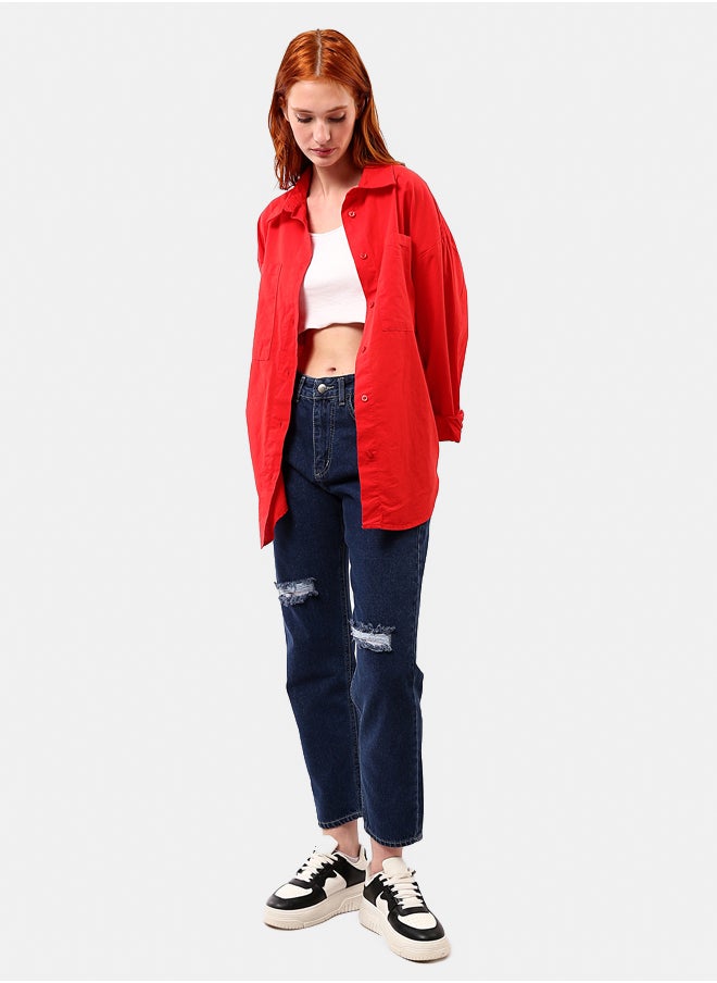 Navy Blue Mom-Fit Jeans with Front Ripped