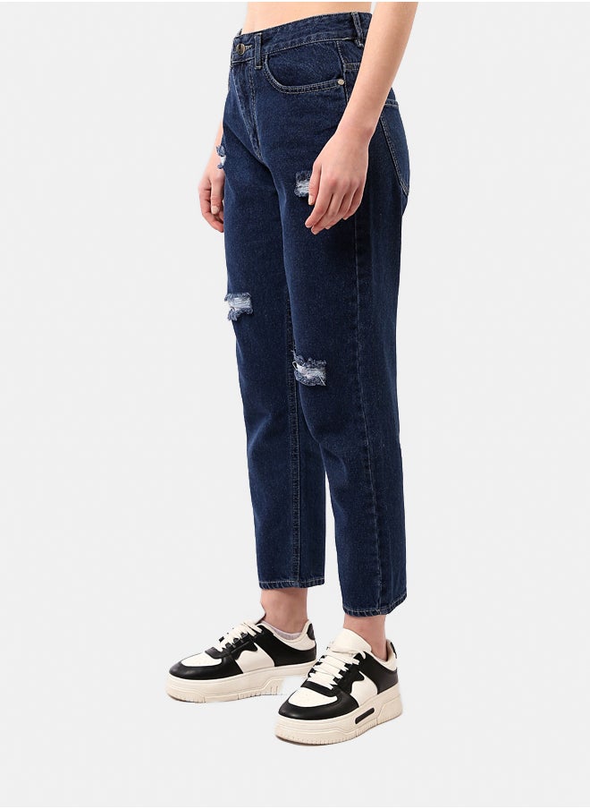 Navy Blue Mom-Fit Jeans with Front Ripped